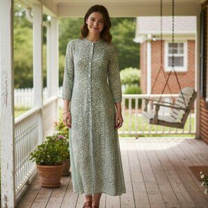 Roller Rabbit Green Print Button Down 3/4 Sleeve Cotton Maxi Dress Size Small